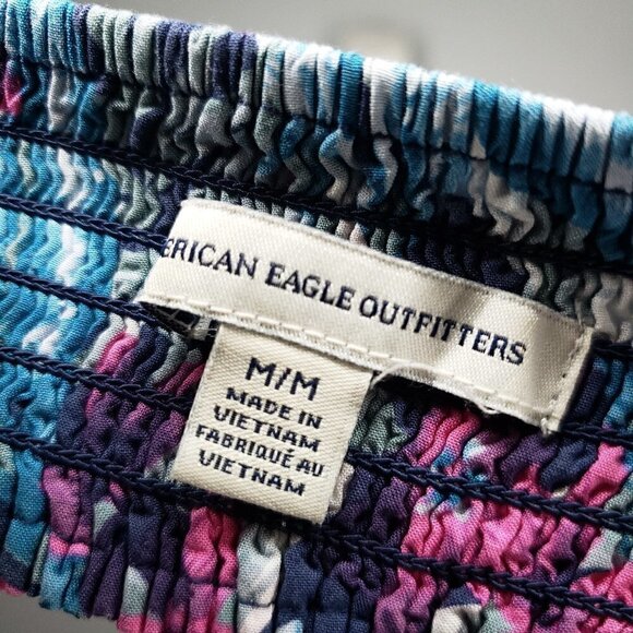 American Eagle Floral Tiered Sun Dress Spaghetti Strap Navy Pink Medium Mini Fit - Picture 4 of 5